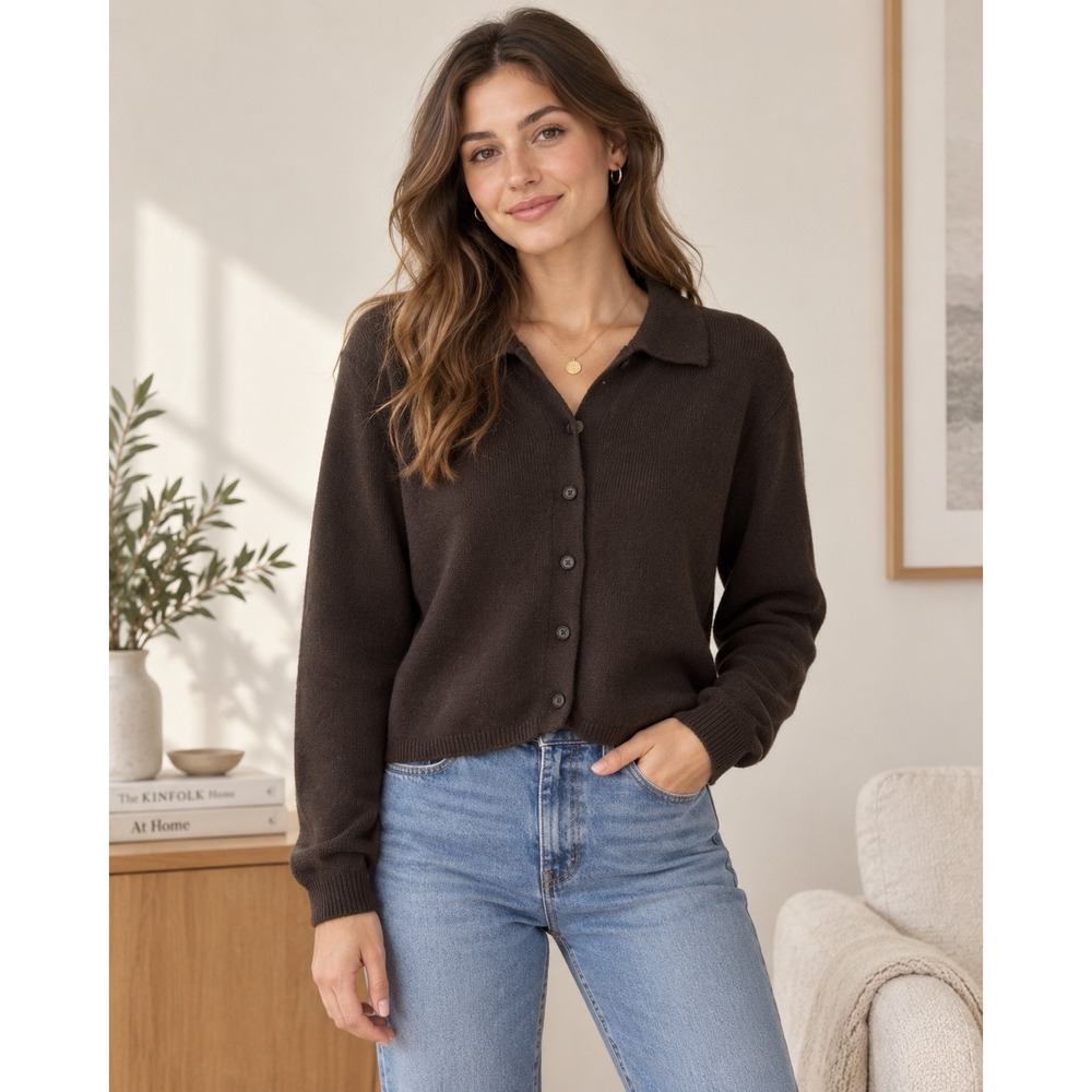 Brandy Melville Brown Wool Blend Collared Button Down Cardigan Sweater Italy OS